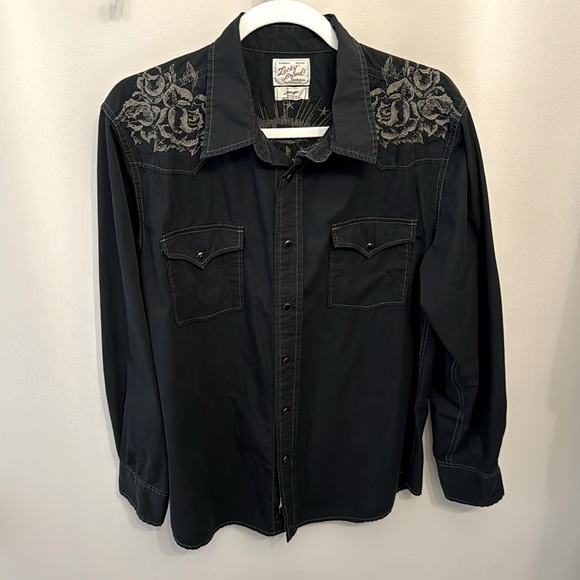 Lucky Brand Embroidered Black Tan Cotton Snap Long Sleeve Shirt Large - Picture 4 of 10